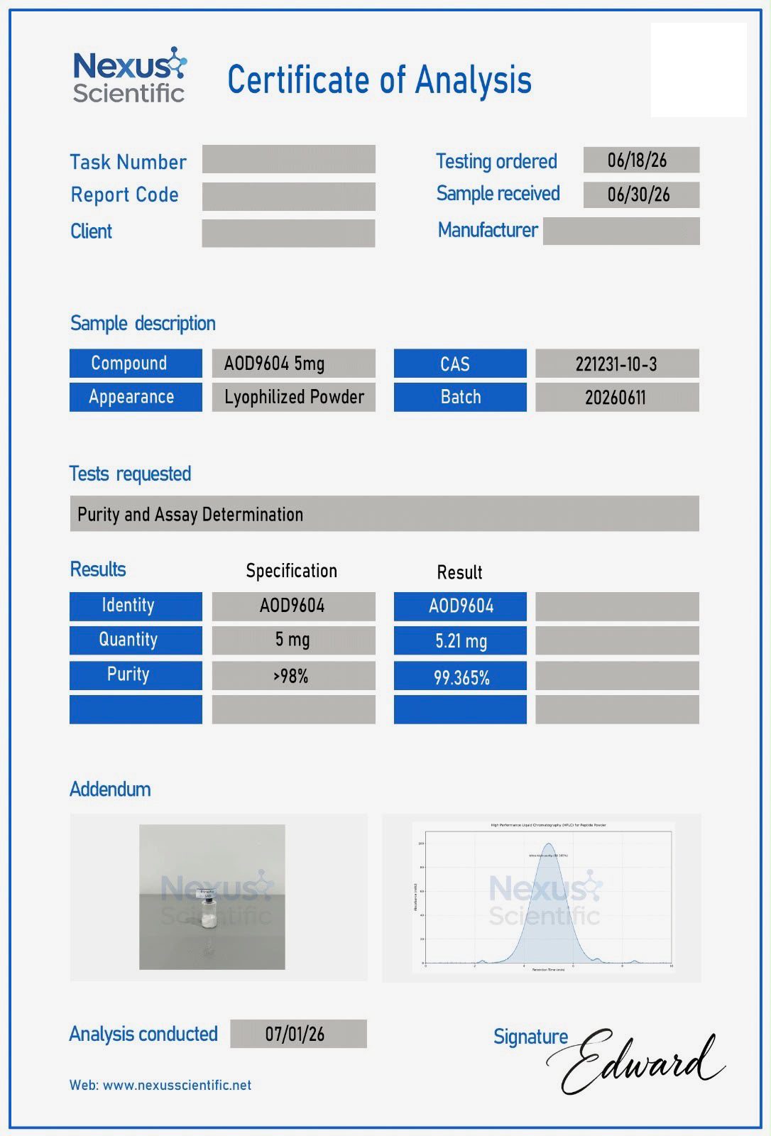Certificate of Analysis — AOD-9604