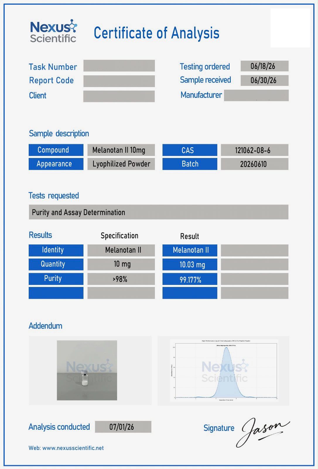 Certificate of Analysis — MT-2 (Melanotan II)