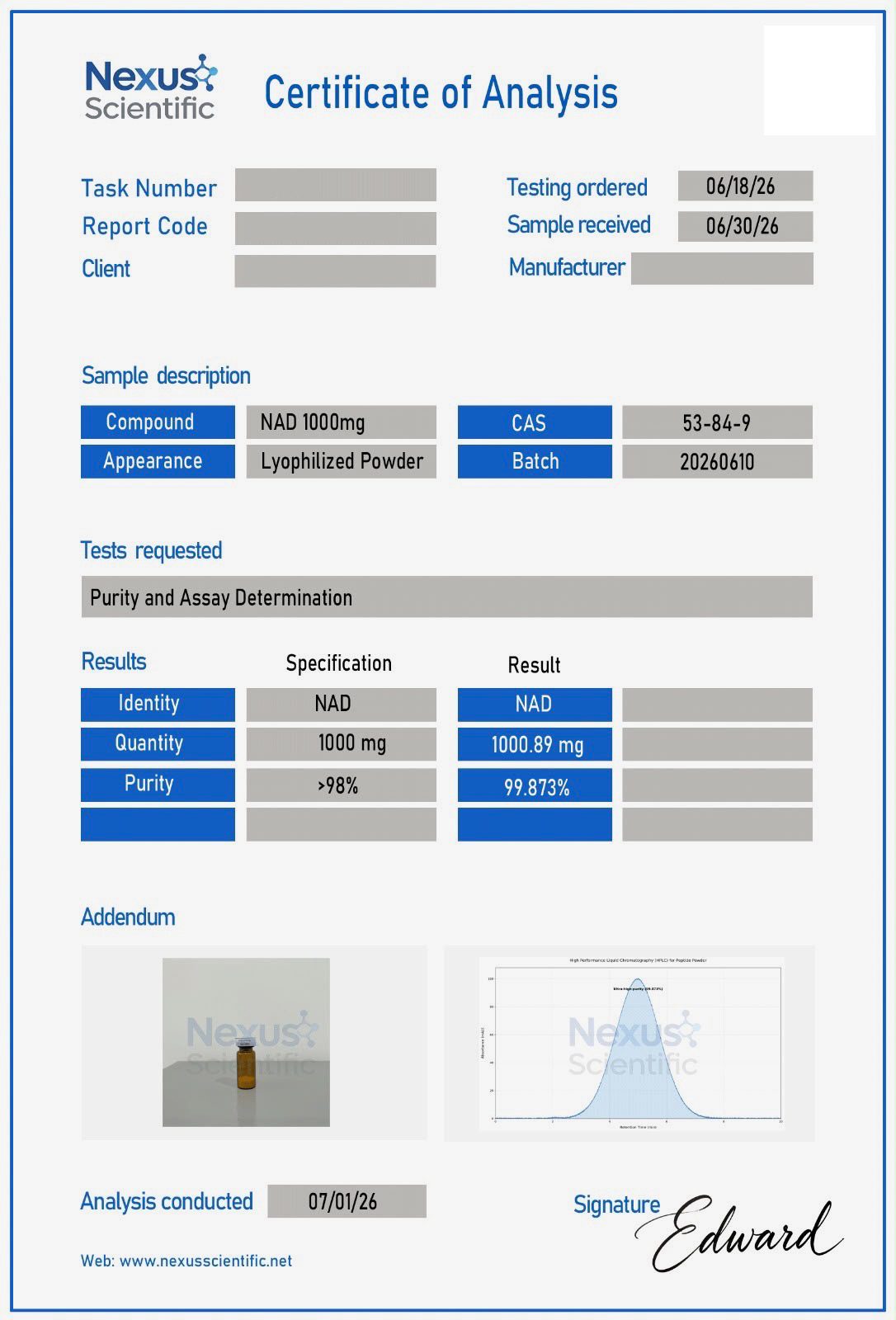 Certificate of Analysis — NAD+