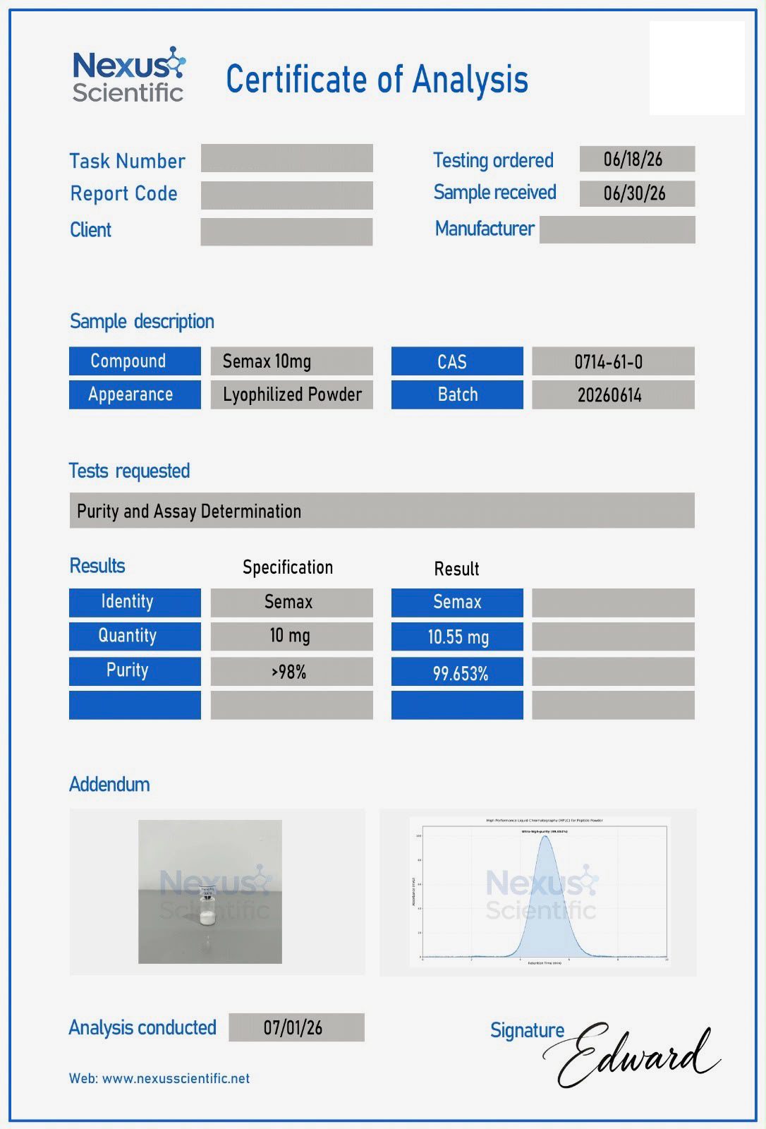 Certificate of Analysis — Semax